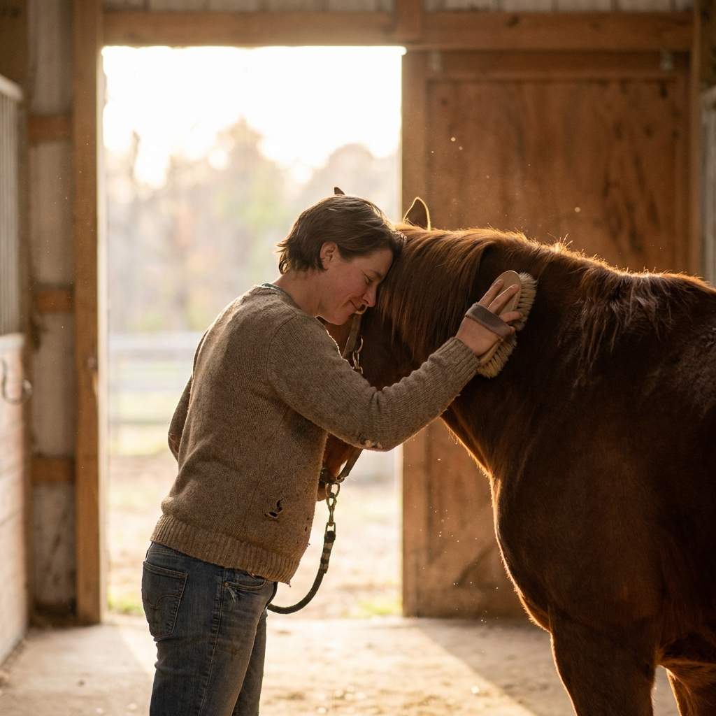 Grooming a horse