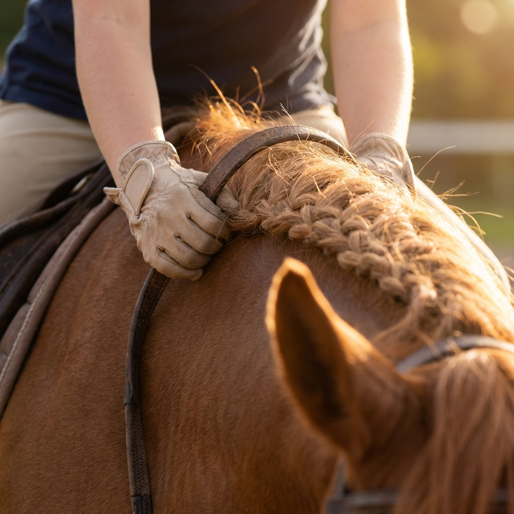 Rider hands on horse mane